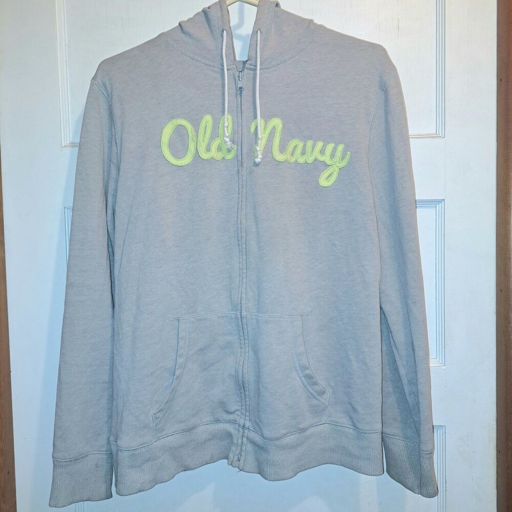 Y2K Old Navy Hoodie Jacket MENS SIZE LARGE Full Zip Gray Neon Green Logo 90s